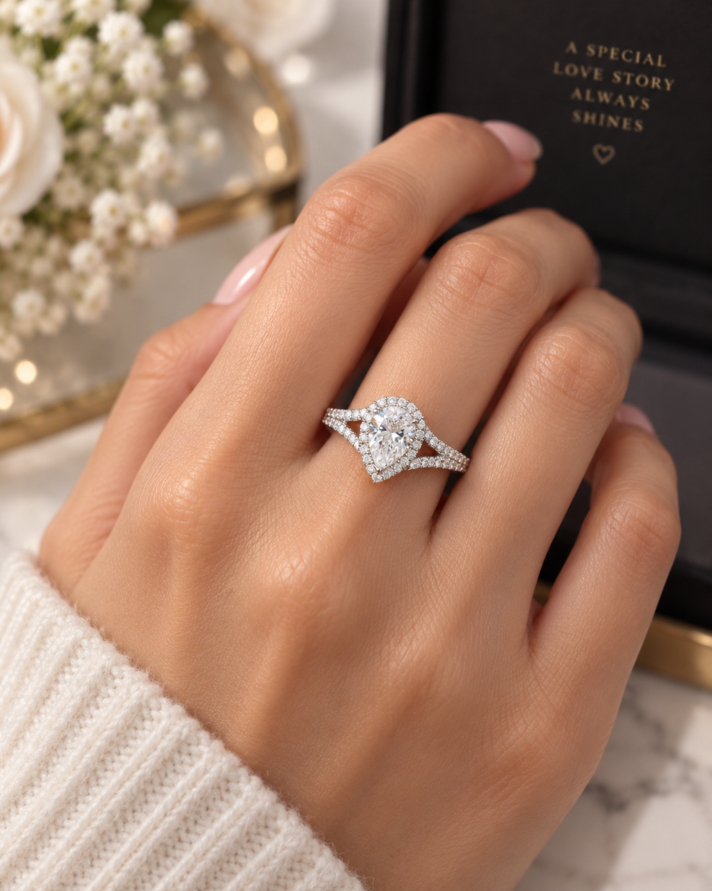 Pear-Shaped Moissanite Single Halo Engagement Ring
