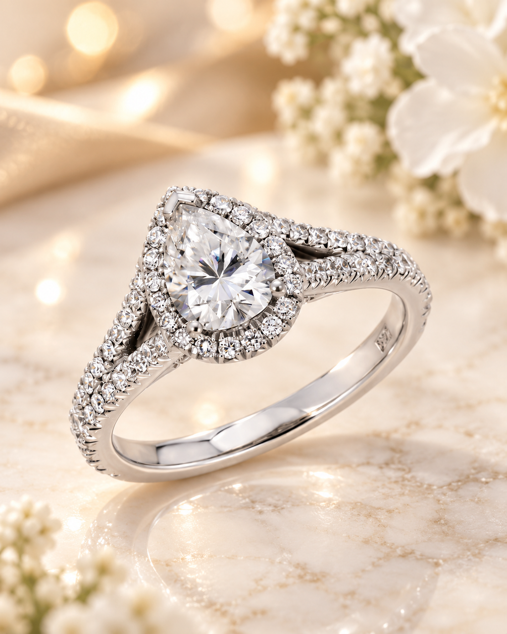 Pear-Shaped Moissanite Single Halo Engagement Ring
