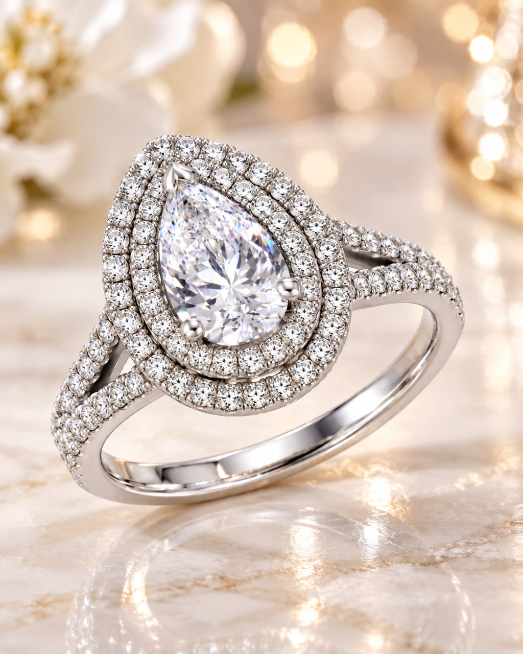 Pear Shape Double Halo Moissanite Engagement Ring