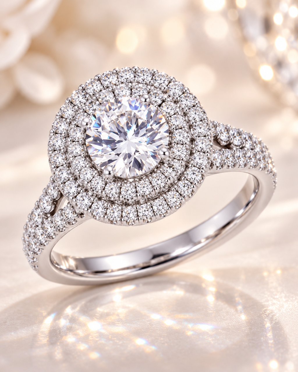 Round Double Halo Moissanite Engagement Ring – 14K Gold