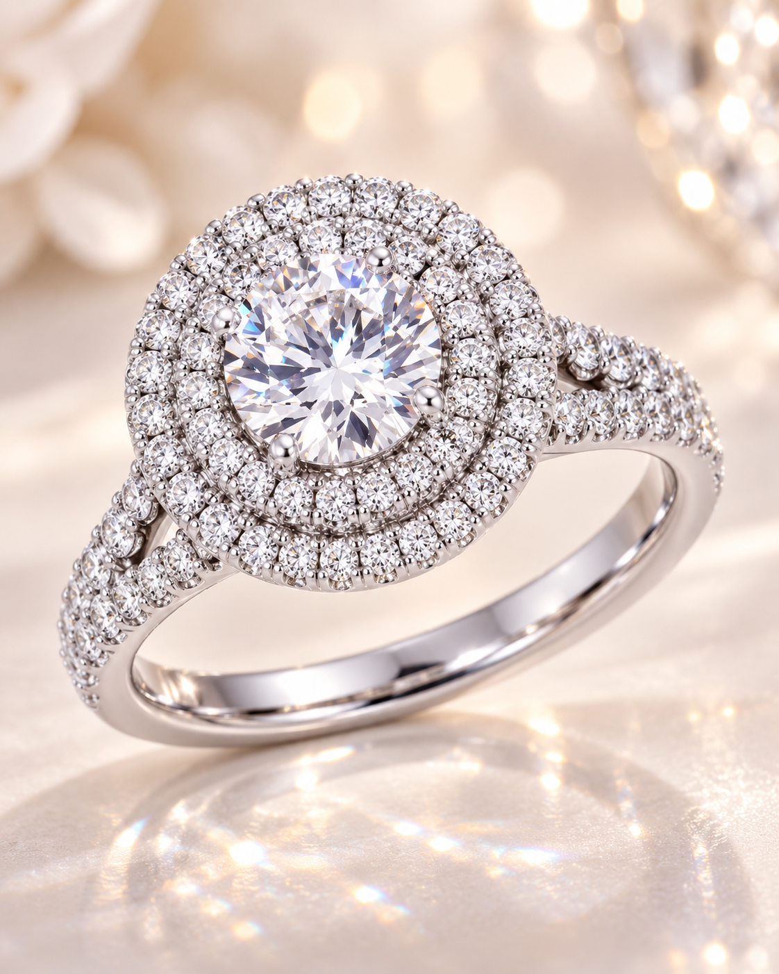 Round Double Halo Moissanite Engagement Ring – 14K Gold