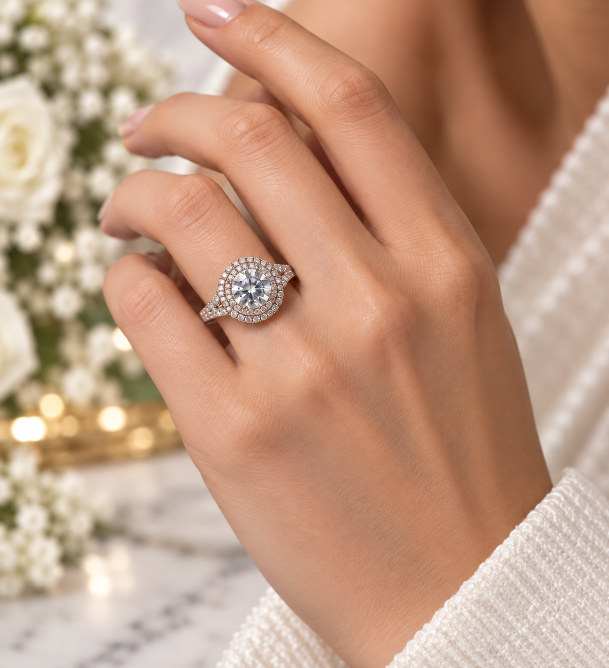 Round Double Halo Moissanite Engagement Ring – 14K Gold