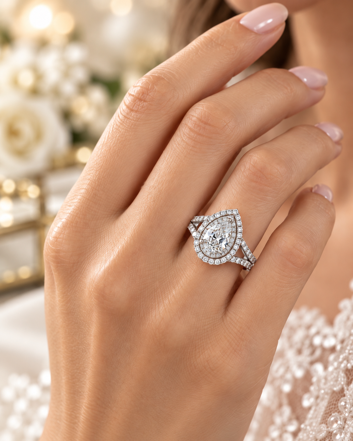 Pear Shape Double Halo Moissanite Engagement Ring